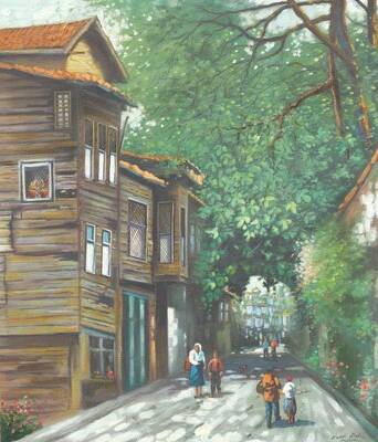 Ahşap Evli Sokak Kabartmalı Tablo
