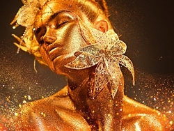 Özverler - Altın Vücutlu Çiçek Tutan Kadın 2 Kabartmalı Tablo