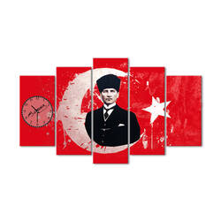 Atatürk Ve Bayrak Beş Parçalı Saat Kanvas Tablo
