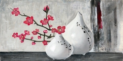 Özverler - Beyaz Vazoda Pembe Çiçekler Kabartmalı Tablo