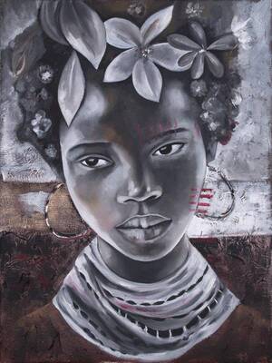 Çiçek Saçlı Afrikalı Kadın Kabartmalı Tablo