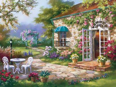 Çiçekli Ev Kabartmalı Tablo