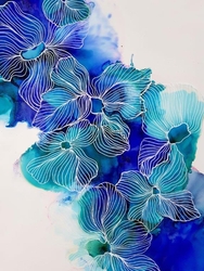 Çizgili Mavi Çiçek Yağlıboya Dokulu Tablo - Thumbnail