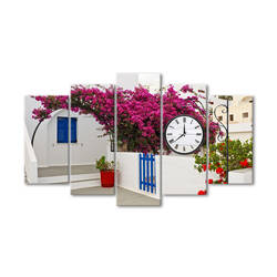 Evin Önünde Çiçekler Beş Parçalı Saat Kanvas Tablo