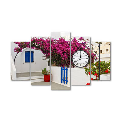 Evin Önünde Çiçekler Beş Parçalı Saat Kanvas Tablo