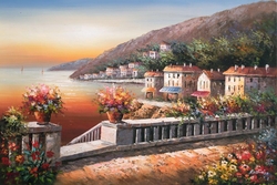 Özverler - Gün Batımında Deniz Kıyısı ve Evler Kabartmalı Tablo