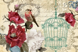 Özverler - Kafes, Kuş ve Çiçekler 3 Kanvas Tablo