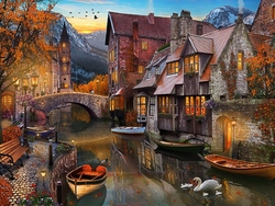 Özverler - Kanal Kıyısında Taş Evler Kabartmalı Tablo