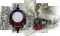Kar ve Tren Beş Parçalı Saat Kanvas Tablo - Thumbnail