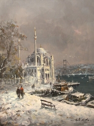 Karlı Ortaköy Kanvas Tablo - Thumbnail