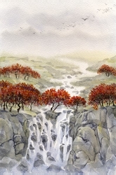Özverler - Kırmızı Ağaçlar ve Şelale Çizim Kanvas Tablo