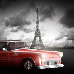 Kırmızı Araba Ardında Eiffel Kanvas Tablo