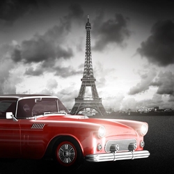 Kırmızı Araba Ardında Eiffel Kanvas Tablo - Thumbnail