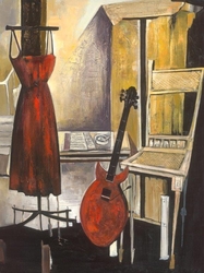 Özverler - Kırmızı Elbise ve Gitar Kabartmalı Tablo