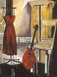 Özverler - Kırmızı Elbise ve Gitar Kabartmalı Tablo