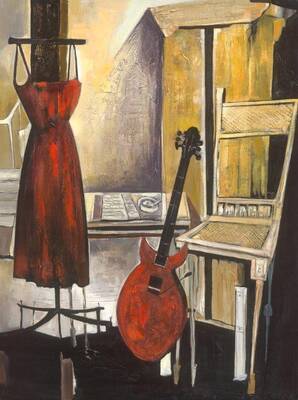Kırmızı Elbise ve Gitar Kabartmalı Tablo