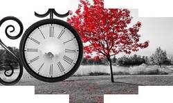 Kırmızı Yapraklı Ağaç Beş Parçalı Saat Kanvas Tablo