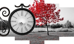 Özverler - Kırmızı Yapraklı Ağaç Beş Parçalı Saat Kanvas Tablo
