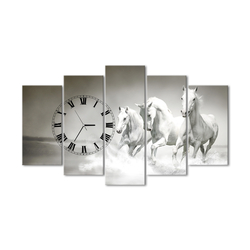 Özverler - Koşan Atlar Beş Parçalı Saat Kanvas Tablo