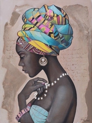 Özverler - Mavi Etnik Sarıklı Afrikalı Kadın Kabartmalı Tablo