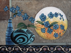 Özverler - Mavi Vazoda Mavi Çiçekler Kabartmalı Tablo