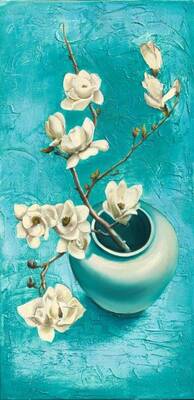 Mavi Zeminde Beyaz Çiçekler Kabartmalı Tablo
