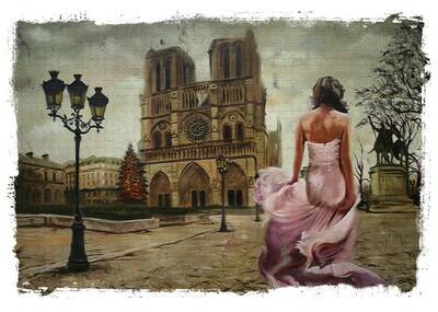 Notre Dame Önünde Bir Kadın Kanvas Tablo