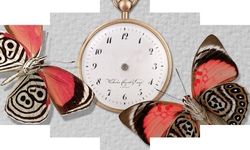 Pembe Kelebekler Beş Parçalı Saat Kanvas Tablo - Thumbnail