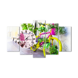 Renkli Bisiklet Beş Parçalı Saat Kanvas Tablo - Thumbnail