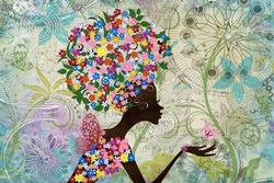 Özverler - Renkli Çiçek Saçlı Afrikalı Kadın Kabartmalı Tablo