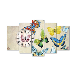 Özverler - Renkli Kelebekler Beş Parçalı Saat Kanvas Tablo