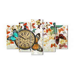 Renkli Kelebekler Beş Parçalı Saat Kanvas Tablo - Thumbnail