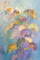 Renkli Soyut Çiçekler Yağlıboya Dokulu Tablo - Thumbnail