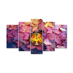 Renkli Yapraklar Beş Parçalı Saat Kanvas Tablo - Thumbnail