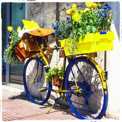 Özverler - Sarı Çiçekli Bisiklet Kanvas Tablo