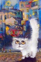 Özverler - Şehirde Beyaz Kedi Çizim