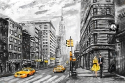 Özverler - Siyah Beyaz New York'ta Sarı Detaylar Kabartmalı Tablo