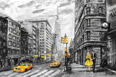Siyah Beyaz New York'ta Sarı Detaylar Kabartmalı Tablo