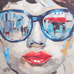 Mavi Gözlüklü Kadın Yağlıboya Dokulu Tablo - Thumbnail