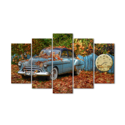 Vintage Araba Beş Parçalı Saat Kanvas Tablo - Thumbnail